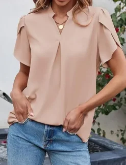 Discount Women's Shirt Blouse Solid Color Basic Casual Short Sleeve Notched Neck Regular Tops Daily Pink Green Summer Women Blouses & Shirts