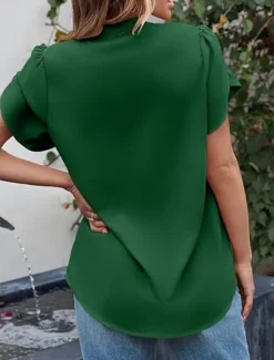 Discount Women's Shirt Blouse Solid Color Basic Casual Short Sleeve Notched Neck Regular Tops Daily Pink Green Summer Women Blouses & Shirts