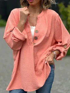 Outlet Women's Shirt Blouse Solid Color Basic Casual Long Sleeve Crew Neck Regular Tops Daily Patchwork Buttons Yellow Pink Blue Fall Winter Women Blouses & Shirts