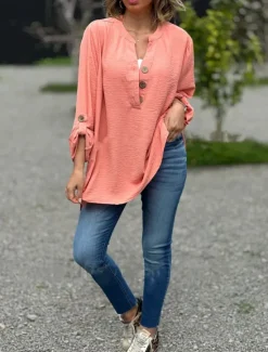 Outlet Women's Shirt Blouse Solid Color Basic Casual Long Sleeve Crew Neck Regular Tops Daily Patchwork Buttons Yellow Pink Blue Fall Winter Women Blouses & Shirts