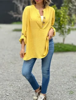 Outlet Women's Shirt Blouse Solid Color Basic Casual Long Sleeve Crew Neck Regular Tops Daily Patchwork Buttons Yellow Pink Blue Fall Winter Women Blouses & Shirts