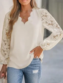 Women's Shirt Blouse Solid Color Basic Casual Long Sleeve V Neck Regular Tops Daily Lace Patchwork Navy Blue Green Beige Summer Spring Women Lace Tops