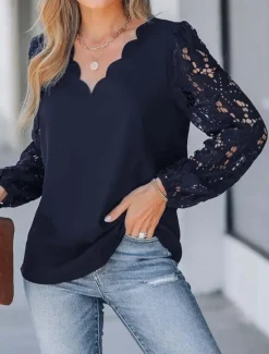 Women's Shirt Blouse Solid Color Basic Casual Long Sleeve V Neck Regular Tops Daily Lace Patchwork Navy Blue Green Beige Summer Spring Women Lace Tops