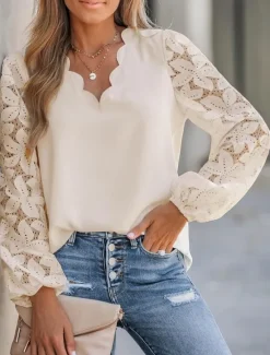 Women's Shirt Blouse Solid Color Basic Casual Long Sleeve V Neck Regular Tops Daily Lace Patchwork Navy Blue Green Beige Summer Spring Women Lace Tops