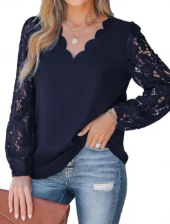 Women's Shirt Blouse Solid Color Basic Casual Long Sleeve V Neck Regular Tops Daily Lace Patchwork Navy Blue Green Beige Summer Spring Women Lace Tops