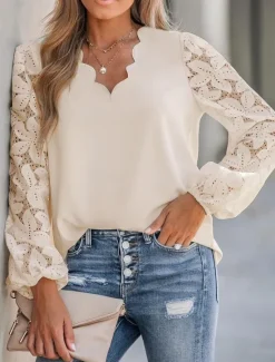 Women's Shirt Blouse Solid Color Basic Casual Long Sleeve V Neck Regular Tops Daily Lace Patchwork Navy Blue Green Beige Summer Spring Women Lace Tops