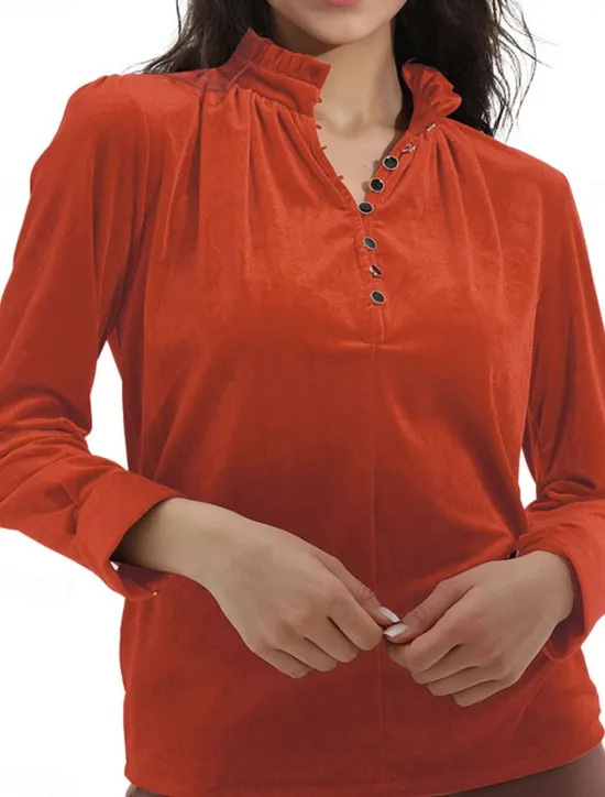 Outlet Women's Shirt Blouse Solid Color Casual Long Sleeve V Neck Regular Tops Daily Buttons Black Wine Orange Fall Winter Women Blouses & Shirts
