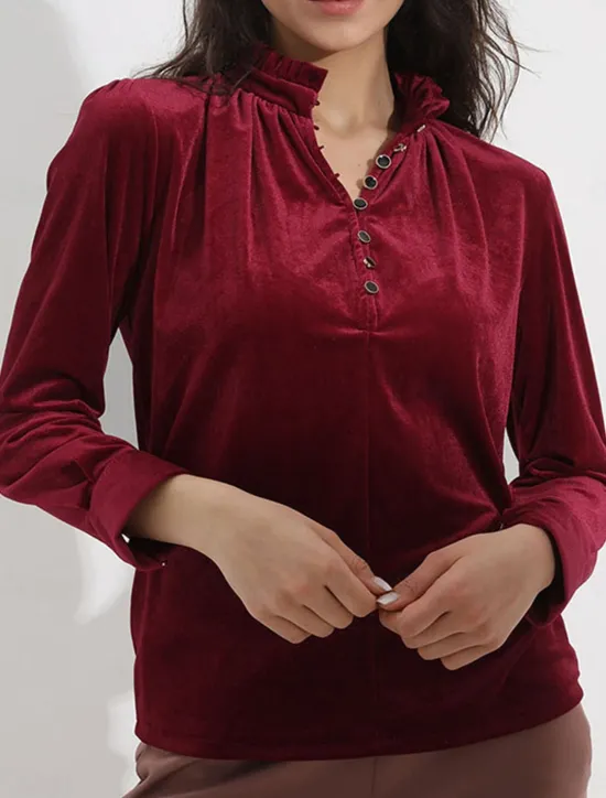 Outlet Women's Shirt Blouse Solid Color Casual Long Sleeve V Neck Regular Tops Daily Buttons Black Wine Orange Fall Winter Women Blouses & Shirts