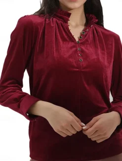 Outlet Women's Shirt Blouse Solid Color Casual Long Sleeve V Neck Regular Tops Daily Buttons Black Wine Orange Fall Winter Women Blouses & Shirts