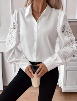 Women's Shirt Blouse Solid Color Basic Casual Long Sleeve V Neck Regular Tops Daily Lace Patchwork Buttons Fall Winter Women Blouses & Shirts