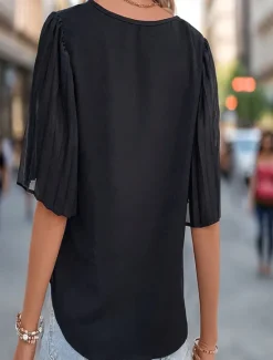 Hot Women's Shirt Blouse Solid Color Elegant Stylish Casual Short Sleeve V Neck Regular Tops Work Daily Holiday Ruched Patchwork Black Navy Blue Summer Spring Fall Women Blouses & Shirts
