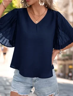 Hot Women's Shirt Blouse Solid Color Elegant Stylish Casual Short Sleeve V Neck Regular Tops Work Daily Holiday Ruched Patchwork Black Navy Blue Summer Spring Fall Women Blouses & Shirts