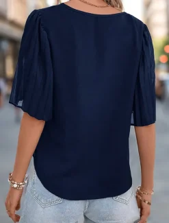 Hot Women's Shirt Blouse Solid Color Elegant Stylish Casual Short Sleeve V Neck Regular Tops Work Daily Holiday Ruched Patchwork Black Navy Blue Summer Spring Fall Women Blouses & Shirts