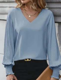 Discount Women's Shirt Blouse Solid Color Basic Casual Long Sleeve V Neck Regular Tops Daily Pink Khaki Light Blue Fall Winter Women Blouses & Shirts