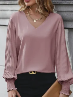 Discount Women's Shirt Blouse Solid Color Basic Casual Long Sleeve V Neck Regular Tops Daily Pink Khaki Light Blue Fall Winter Women Blouses & Shirts