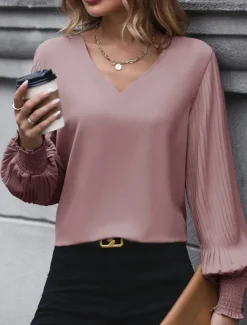 Discount Women's Shirt Blouse Solid Color Basic Casual Long Sleeve V Neck Regular Tops Daily Pink Khaki Light Blue Fall Winter Women Blouses & Shirts
