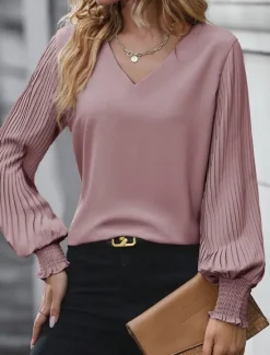 Discount Women's Shirt Blouse Solid Color Basic Casual Long Sleeve V Neck Regular Tops Daily Pink Khaki Light Blue Fall Winter Women Blouses & Shirts