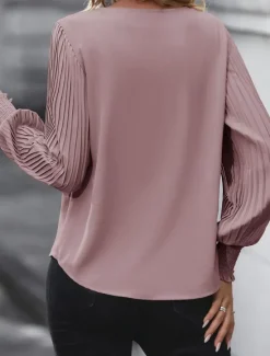 Discount Women's Shirt Blouse Solid Color Basic Casual Long Sleeve V Neck Regular Tops Daily Pink Khaki Light Blue Fall Winter Women Blouses & Shirts