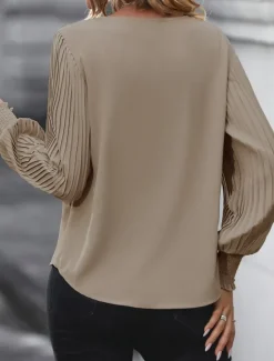 Discount Women's Shirt Blouse Solid Color Basic Casual Long Sleeve V Neck Regular Tops Daily Pink Khaki Light Blue Fall Winter Women Blouses & Shirts