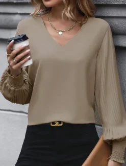 Discount Women's Shirt Blouse Solid Color Basic Casual Long Sleeve V Neck Regular Tops Daily Pink Khaki Light Blue Fall Winter Women Blouses & Shirts