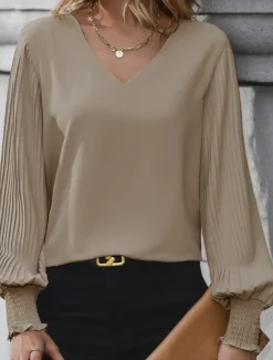 Discount Women's Shirt Blouse Solid Color Basic Casual Long Sleeve V Neck Regular Tops Daily Pink Khaki Light Blue Fall Winter Women Blouses & Shirts