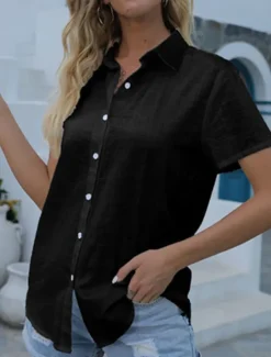Sale Women's Shirt Blouse Solid Color Daily Stylish Casual Short Sleeve Shirt Collar Regular Tops Daily Linen Like Buttons Black White Pink Gray Summer Spring Women Shirts