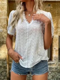 Online Women's Shirt Blouse Solid Color Elegant Daily Stylish Short Sleeve V Neck Regular Tops Work Daily Holiday Lace Hollow Out White Yellow Green Rose Pink Summer Spring Women Lace Tops