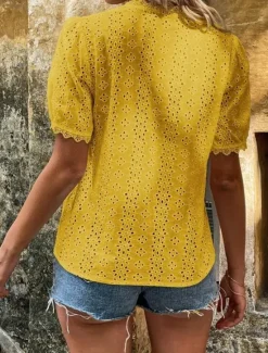 Online Women's Shirt Blouse Solid Color Elegant Daily Stylish Short Sleeve V Neck Regular Tops Work Daily Holiday Lace Hollow Out White Yellow Green Rose Pink Summer Spring Women Lace Tops