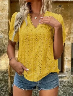 Online Women's Shirt Blouse Solid Color Elegant Daily Stylish Short Sleeve V Neck Regular Tops Work Daily Holiday Lace Hollow Out White Yellow Green Rose Pink Summer Spring Women Lace Tops