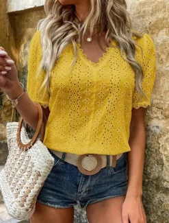 Online Women's Shirt Blouse Solid Color Elegant Daily Stylish Short Sleeve V Neck Regular Tops Work Daily Holiday Lace Hollow Out White Yellow Green Rose Pink Summer Spring Women Lace Tops