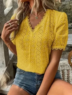 Online Women's Shirt Blouse Solid Color Elegant Daily Stylish Short Sleeve V Neck Regular Tops Work Daily Holiday Lace Hollow Out White Yellow Green Rose Pink Summer Spring Women Lace Tops