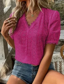 Online Women's Shirt Blouse Solid Color Elegant Daily Stylish Short Sleeve V Neck Regular Tops Work Daily Holiday Lace Hollow Out White Yellow Green Rose Pink Summer Spring Women Lace Tops