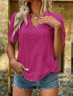 Online Women's Shirt Blouse Solid Color Elegant Daily Stylish Short Sleeve V Neck Regular Tops Work Daily Holiday Lace Hollow Out White Yellow Green Rose Pink Summer Spring Women Lace Tops