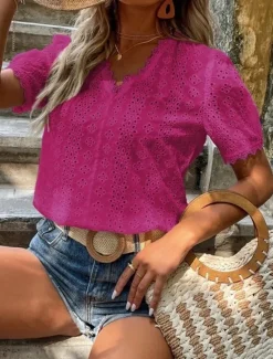 Online Women's Shirt Blouse Solid Color Elegant Daily Stylish Short Sleeve V Neck Regular Tops Work Daily Holiday Lace Hollow Out White Yellow Green Rose Pink Summer Spring Women Lace Tops