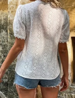 Online Women's Shirt Blouse Solid Color Elegant Daily Stylish Short Sleeve V Neck Regular Tops Work Daily Holiday Lace Hollow Out White Yellow Green Rose Pink Summer Spring Women Lace Tops