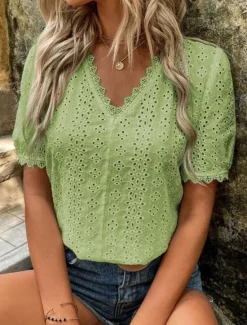 Online Women's Shirt Blouse Solid Color Elegant Daily Stylish Short Sleeve V Neck Regular Tops Work Daily Holiday Lace Hollow Out White Yellow Green Rose Pink Summer Spring Women Lace Tops