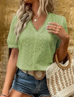 Online Women's Shirt Blouse Solid Color Elegant Daily Stylish Short Sleeve V Neck Regular Tops Work Daily Holiday Lace Hollow Out White Yellow Green Rose Pink Summer Spring Women Lace Tops