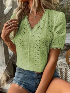 Online Women's Shirt Blouse Solid Color Elegant Daily Stylish Short Sleeve V Neck Regular Tops Work Daily Holiday Lace Hollow Out White Yellow Green Rose Pink Summer Spring Women Lace Tops