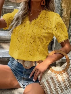 Online Women's Shirt Blouse Solid Color Elegant Daily Stylish Short Sleeve V Neck Regular Tops Work Daily Holiday Lace Hollow Out White Yellow Green Rose Pink Summer Spring Women Lace Tops