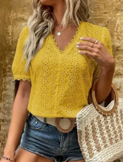 Online Women's Shirt Blouse Solid Color Elegant Daily Stylish Short Sleeve V Neck Regular Tops Work Daily Holiday Lace Hollow Out White Yellow Green Rose Pink Summer Spring Women Lace Tops