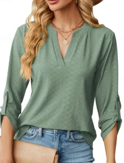 Discount Women's Shirt Blouse Solid Color Basic Casual Long Sleeve Notched Neck Regular Tops Daily Pink Wine Green Summer Spring Women Blouses & Shirts