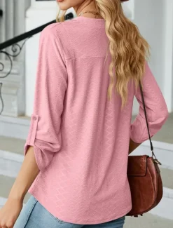 Discount Women's Shirt Blouse Solid Color Basic Casual Long Sleeve Notched Neck Regular Tops Daily Pink Wine Green Summer Spring Women Blouses & Shirts