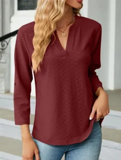 Discount Women's Shirt Blouse Solid Color Basic Casual Long Sleeve Notched Neck Regular Tops Daily Pink Wine Green Summer Spring Women Blouses & Shirts
