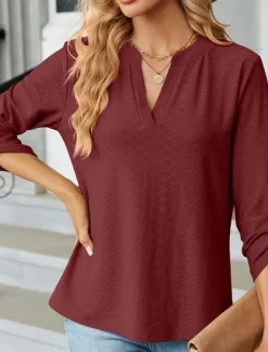 Discount Women's Shirt Blouse Solid Color Basic Casual Long Sleeve Notched Neck Regular Tops Daily Pink Wine Green Summer Spring Women Blouses & Shirts
