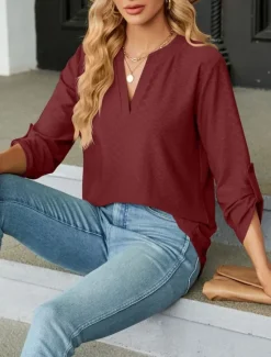 Discount Women's Shirt Blouse Solid Color Basic Casual Long Sleeve Notched Neck Regular Tops Daily Pink Wine Green Summer Spring Women Blouses & Shirts