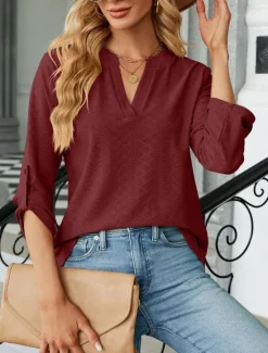 Discount Women's Shirt Blouse Solid Color Basic Casual Long Sleeve Notched Neck Regular Tops Daily Pink Wine Green Summer Spring Women Blouses & Shirts