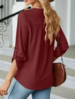 Discount Women's Shirt Blouse Solid Color Basic Casual Long Sleeve Notched Neck Regular Tops Daily Pink Wine Green Summer Spring Women Blouses & Shirts