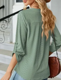 Discount Women's Shirt Blouse Solid Color Basic Casual Long Sleeve Notched Neck Regular Tops Daily Pink Wine Green Summer Spring Women Blouses & Shirts