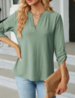 Discount Women's Shirt Blouse Solid Color Basic Casual Long Sleeve Notched Neck Regular Tops Daily Pink Wine Green Summer Spring Women Blouses & Shirts