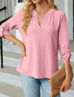 Discount Women's Shirt Blouse Solid Color Basic Casual Long Sleeve Notched Neck Regular Tops Daily Pink Wine Green Summer Spring Women Blouses & Shirts